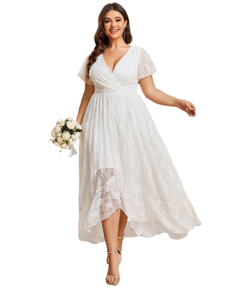 Front of a model wearing a size 22 Short Sleeve Ruffled V-Neck A-Line Lace Evening Dress in White by Ever-Pretty. | dia_product_style_image_id:282222